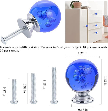 10 PCS Crystal Cabinet Knobs Round Glass Bubbles Dresser Knobs Smooth Drawer Knobs Handle for Home, Cabinet, Drawer and Dresser Hardware with 3 Different Size Screws, 30MM (Blue)