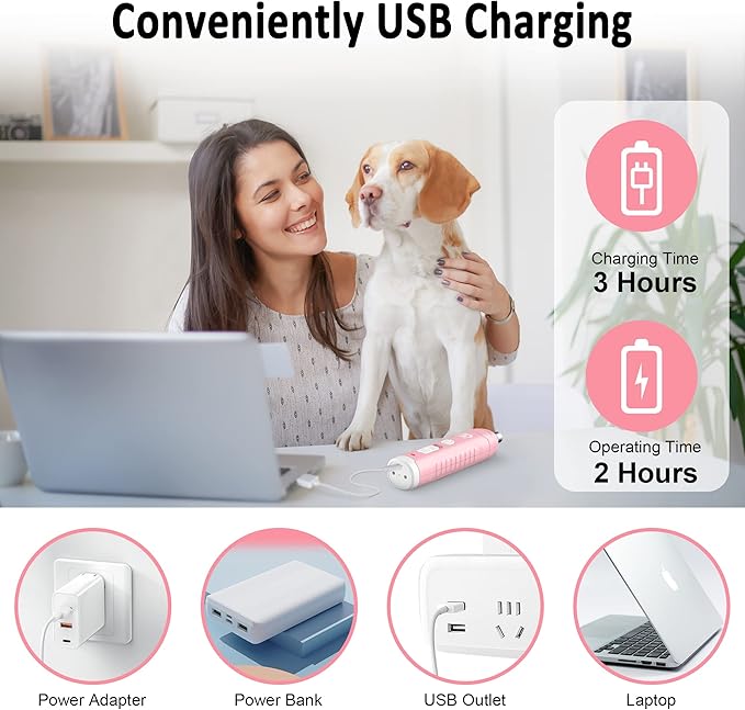 Casfuy Dog Nail Grinder with 2 LED Light for Large Medium Small Dogs - 3X More Powerful 2-Speed Electric Pet Nail Trimmer Rechargeable Quiet Painless Paws Grooming & Smoothing Tool-Mewly Pet