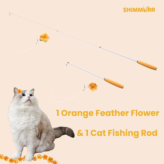 Cat Feather Wand Toy - 38" Retractable Cat Wand Toy with Orange Feather Flower Teaser Refill for Indoor Cats and Interactive Play-Mewly Pet