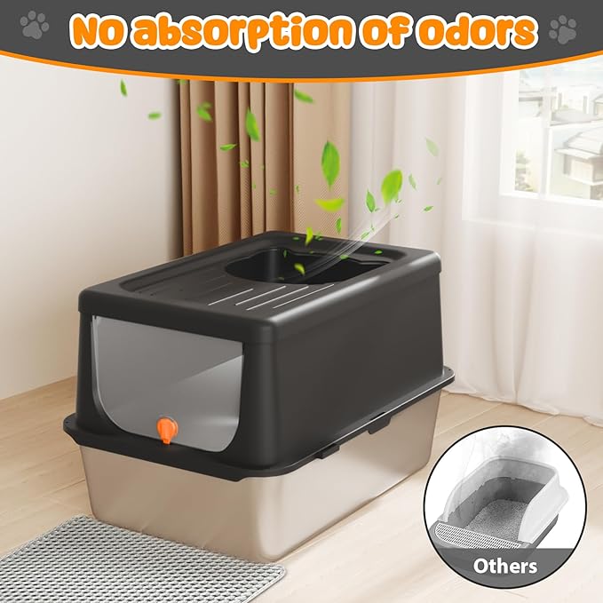 Litter Box with Lid, Stainless Steel Litter Box XL, 14" H Metal Cat Box with High Sides Wall Enclosure, Cat Pan, Non-Sticky, Easy Clean, Anti-Leakage, Black-Mewly Pet