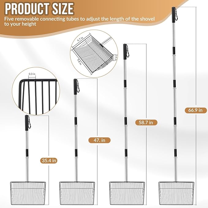 SlowTon 10-inch Large Chicken Poop Scooper - 5 in 1 Multifunctional Chicken Litter Scoop with 35 to 67in Stainless Steel Handle, Heavy Duty Chicken Coop Cleaning Tool Litter Sifting Shovel-Mewly Pet