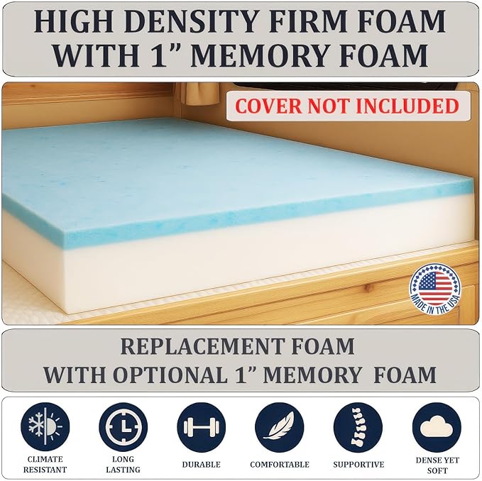 Foamma 4" x 28” x 75” Truck, Camper, RV Travel Visco Gel Memory Foam Bunk Mattress Replacement, Made in USA, Comfortable, Travel Trailer, CertiPUR-US Certified, Cover Not Included