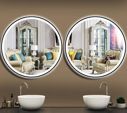 40" LED Mirror, Wall Mount, Round, Black Frame, 3 Color Lights, Anti-Fog, Adjustable Brightness, Modern Home Decor