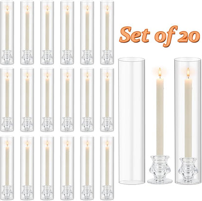Hurricane Glass Candle Holders, Set of 20 Candlestick Holders for Taper Candles with 11.8" Tall Windproof Cylinder Cover Candle Stand Bulk for Table Centerpieces on Wedding Birthday Housewarming Decor