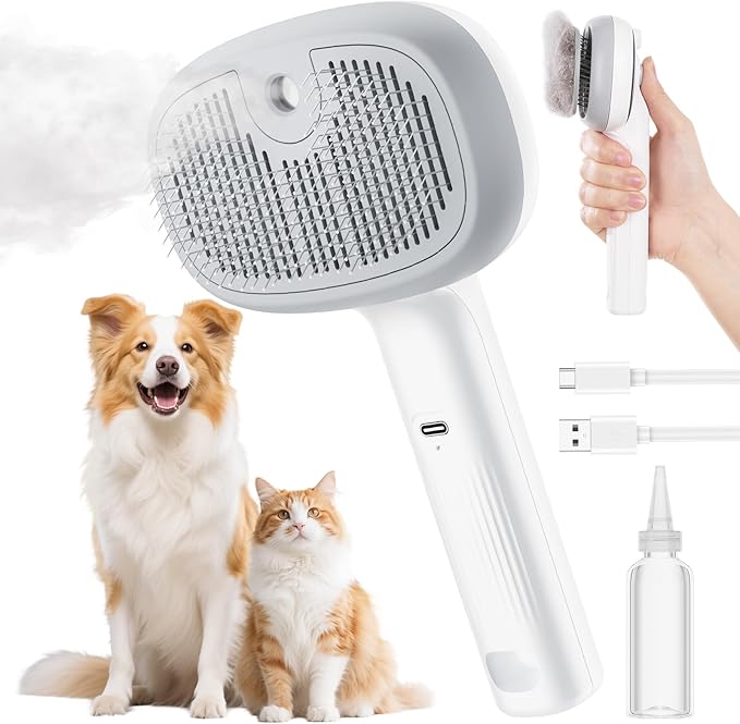 Pecute Steam Cat Brush, Self-Cleaning Cat Steam Brush with 2 Water Spray Modes, Large Capacity Tank, Dog Brush for Shedding Massaging Grooming, Cool Mist Only-Mewly Pet
