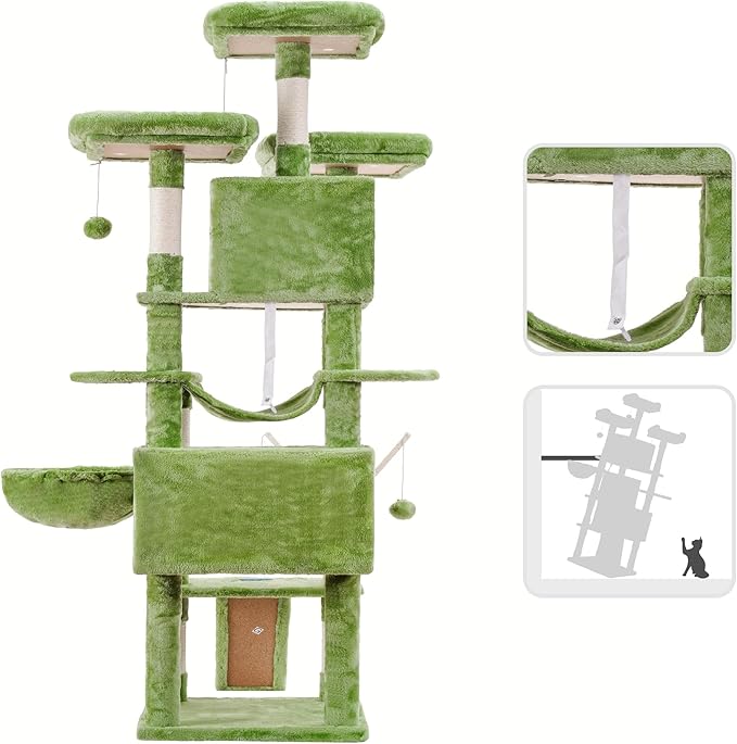 Hey-brother Cat Tree, 71 inches XL Large Cat Tower for Indoor Cats, Multi-Level Cat House with 3 Padded Perches, Big Scratcher, Cozy Basket, 2 Cat Condos and Scratching Posts, Green MPJ034GR-Mewly Pet