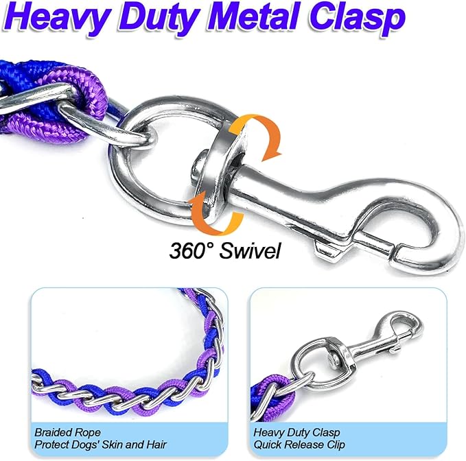 Dog Leash Rope Chain, Nylon Rope Metal Chain for Pet Leads. 6ft Heavy Duty Chew Proof Training Walking for Medium Large Dogs. (Large, Blue&Purple)
