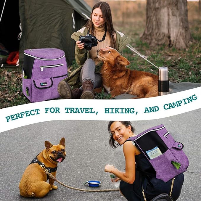 PetAmi Dog Travel Bag Backpack, Airline Approved Dog Bags for Traveling, Puppy Diaper Bag Supplies, Pet Camping Essentials Hiking Accessories Dog Mom Gift, Food Container, Collapsible Bowls, Purple-Mewly Pet