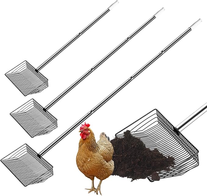 Large Metal Chicken Poop Scooper, Detachable 20 to 63 inches Long Metal Handle, Stainless Steel Chicken Coop Cleaning Tool, Heavy-Duty Pooper Sifting Shovel for Chicken Coop Accessories-Mewly Pet