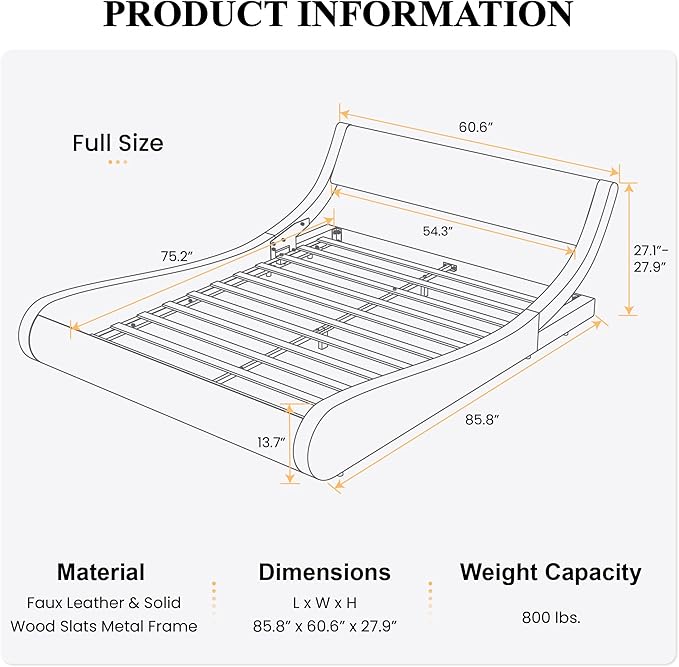 SHA CERLIN Modern Low Profile Platform Bed Frame Full Size, Stylish Faux Leather Upholstered Sleigh Bed with Adjustable Headboard, No Box Spring Needed, White