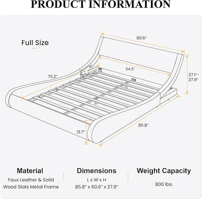 SHA CERLIN Modern Low Profile Platform Bed Frame Full Size, Stylish Faux Leather Upholstered Sleigh Bed with Adjustable Headboard, No Box Spring Needed, Glossy Black