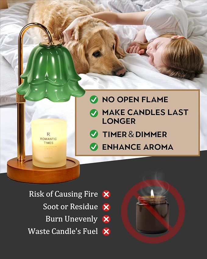 Green Candle Warmer Lamp with Timer & Dimmer, Adjustable Height Birthday Gifts for Women Mom, Flower Candle Lamp Warmer, Wax Warmer with 2 Bulbs, House Warming New House Decorations