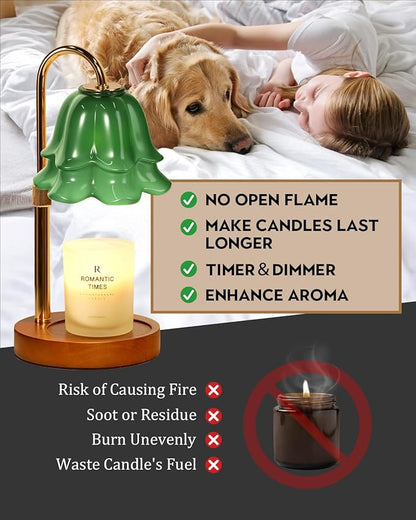 Green Candle Warmer Lamp with Timer & Dimmer, Adjustable Height Birthday Gifts for Women Mom, Flower Candle Lamp Warmer, Wax Warmer with 2 Bulbs, House Warming New House Decorations