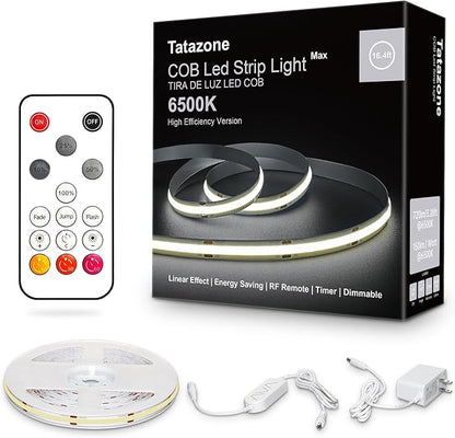 White COB Led Strip Light Max with RF Remote, 16.4ft 6500K Dimmable Ultra Bright Daylight White COB Light Strip, Indoor COB Led Lights for Mirror, Ceiling, Kitchen, Room, Cabinet, Closet