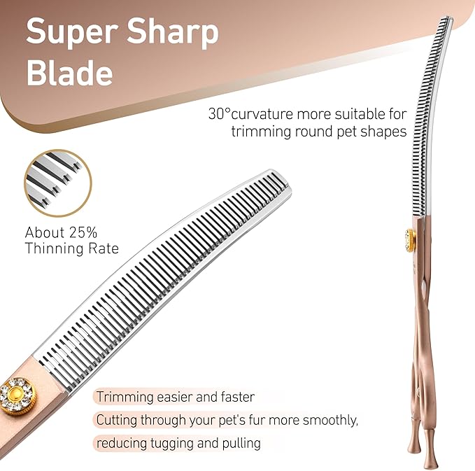 Fenice Peak Professional Curved Thinner Dog Grooming Scissors 7.0'' Rose Gold Thinning Shears Extremely Sharp Blades 440C Stainless Steel Thinning Shears Durable Smooth Fine Cut for Dogs and Cats.-Mewly Pet