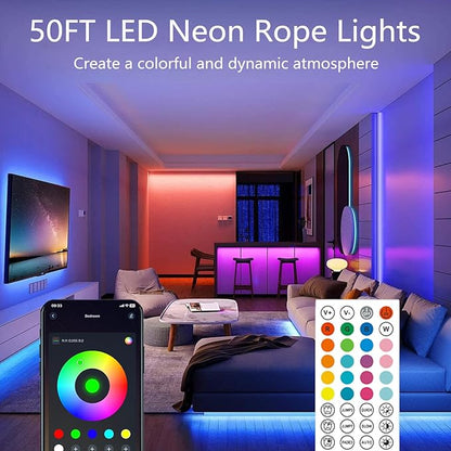 50Ft Neon Rope Lights,Flexible Led Rope Lights Control with App/Remote,Multiple Modes Rope Lights,IP67 Outdoor Waterproof,Music Sync Light Strip for Bedroom