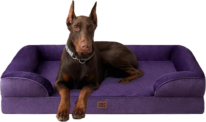 EHEYCIGA Orthopedic Dog Beds for Extra Large Dogs, Waterproof Memory Foam XXL Dog Bed with Sides, Non-Slip Bottom and Egg-Crate Foam Big Pet Couch Bed with Washable Removable Cover, Purple-Mewly Pet