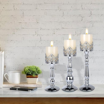 Candle Holders for Pillar Candles Set of 3 Silver Vintage Tall Candle Holders Decorative Large Table Centerpieces Candle Stand Decor