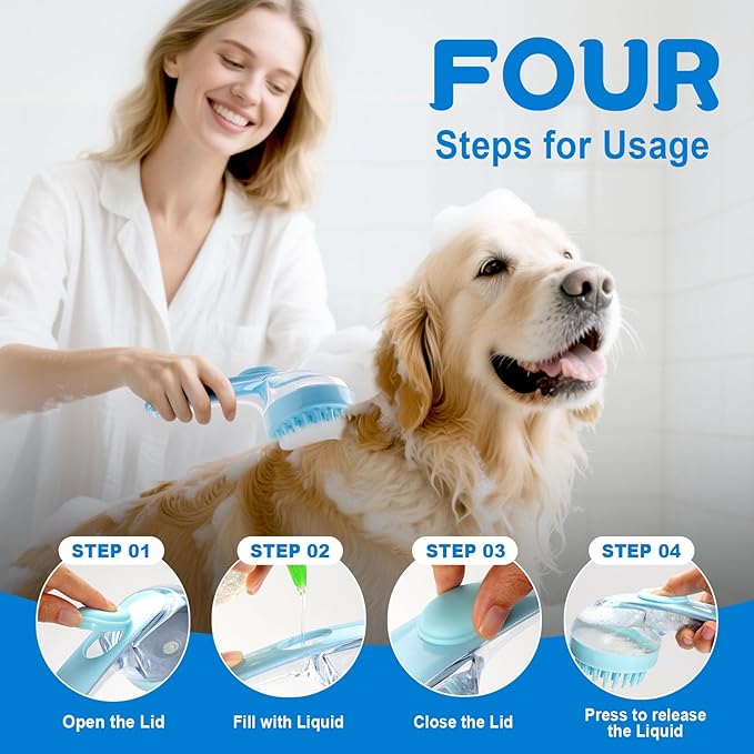 Dog Bath Brush, Silicone Pet Bath Brush with Soap Dispenser,Deep Cleansing & Gentle Massage for Dogs & Cats, Suitable for Long & Short Hair, Easy Grip, Bathing & Grooming(Blue)-Mewly Pet