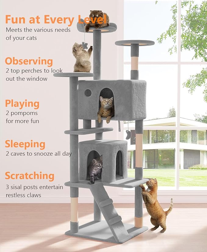 77'' Cat tree Tower for Indoor Cats Large Adult,Cute/Tall Modern Cat Tree for Big Cats 20 lbs,Plush Multi-Level Cat Condo with Scratching Posts,Dangling Ball for fun play(Light Gray, 77 inch)-Mewly Pet