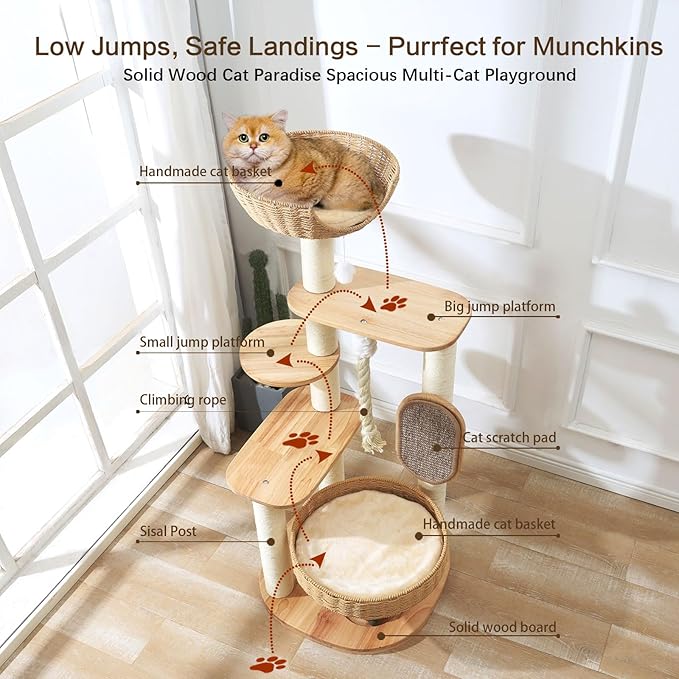Wooden Cat Tree for Large Cat, 49.6-Inch Tall Cat Tower with Scratching Post for Indoor Cats, Multi-Level Cat Condo with Hand-Woven Cat Bed and Scratching Board Easy to Clean-Mewly Pet