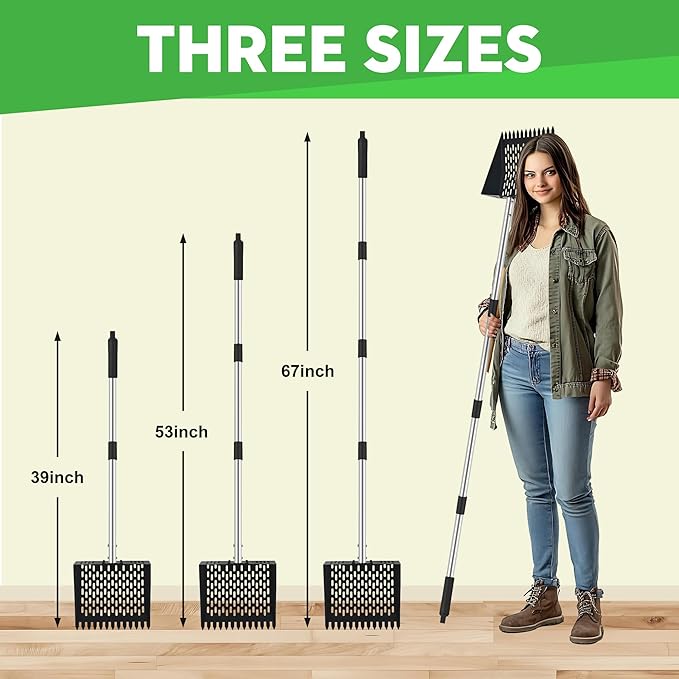 2-in-1 Chicken Poop Scooper & Rake - Adjustable Chicken Coop Scoop with Handle（39、53、67 in），Stainless Steel Shovel Head- Litter Scooper Sand & Sifting Shovel for Chicken Coops-Mewly Pet