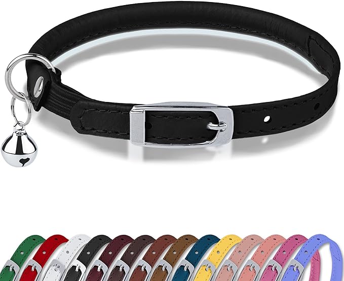 OOPSDOGGY Rolled Leather Cat Collar with Bell, Reflective Kitten Collars with Buckle Include Safety Elastic Strap - Adjustable Small Pet Collars for Boy Girl Cats (Black)-Mewly Pet