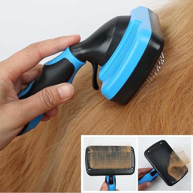 Dog Brush Kit for Grooming Short & Long Haired Dogs & Cats, 4-in-1 Pet Grooming Set with Self-Cleaning Slicker Brush, Deshedding Tool, Shampoo Bath Comb, Massge Comb (Blue Black)-Mewly Pet