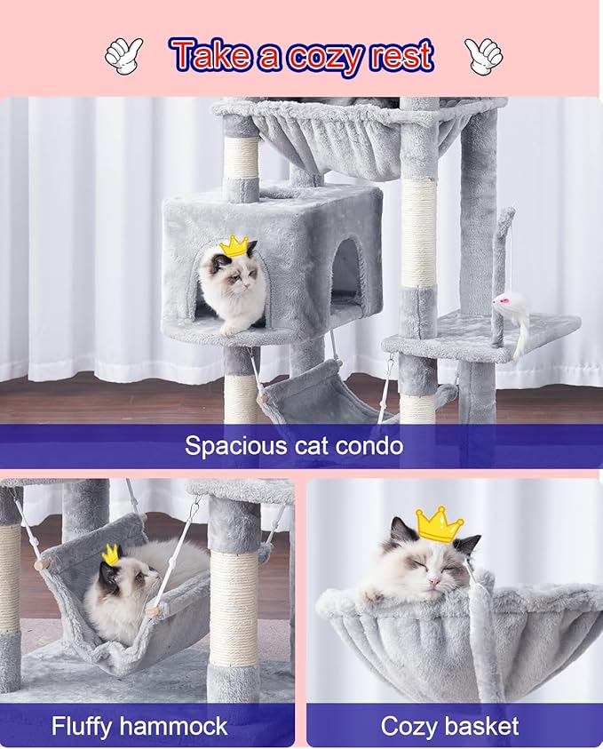 Cat Tree, Cat Tower for Large Cats with 2 Big Platforms, 2 Baskets, condo and Toys, 63" Cat Scratching Posts for Indoor Cats, Light Gray GCT020W-Mewly Pet