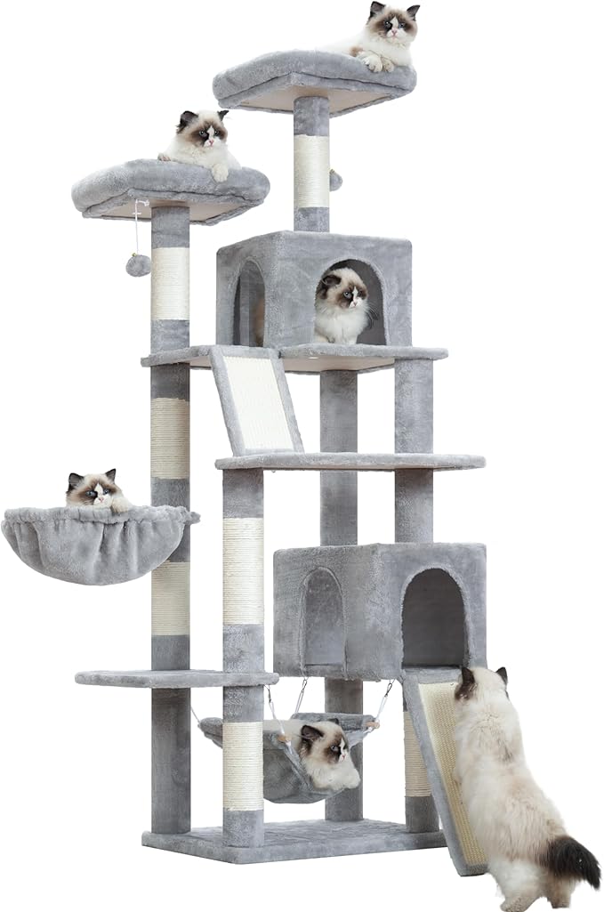 Cat Tree for Indoor Cats, 71'' (180cm) Multi-Level Cat Tower for Large Adult, Sturdy Cat Tree House with 2 Scratching Boards 7 Posts, 2 Plush Perches/Condos, Hammock, Light Gray GCT032W-Mewly Pet