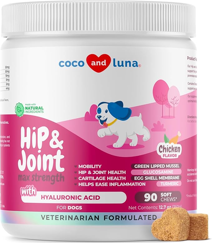 Hip and Joint Support for Dogs - Max Strength - 90 Soft Chews - with Green Lipped Mussel, Glucosamine, Turmeric, Fish Oil, MSM and Yucca Schidigera.-Mewly Pet