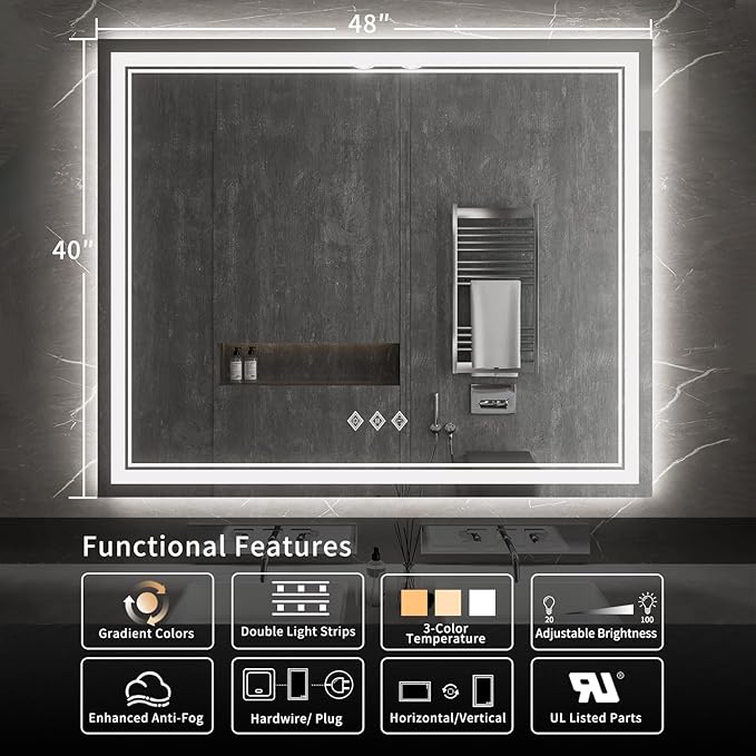 Vanity Mirror with Lights, 48x40 Inch Gradient Front and Backlit Smart Mirror, 3 Colors Dimmable CRI>90 Double Lights, IP54 Enhanced Anti-Fog, Hanging Plates Wall Mount LED Mirror