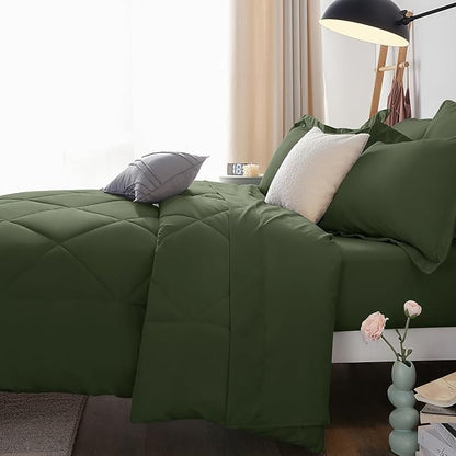 CozyLux Queen Comforter Set Olive Green - Bed in a Bag Queen Size 7 Pieces, Luxury Soft Bed Set for All Seasons, Bedding Set with Down Alternative Comforter, Sheets, Pillowcases & Shams