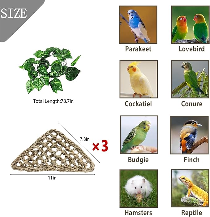 BNOSDM Bird Seagrass Mat, 3 PCS 7.1 x 7.1 Inches Parrot Natural Seagrass Woven Bird Net Hammock Mats Chew Toys Bird Hideout Cage Accessories for Lovebird Cockatiel Conure Budgie Hamster Rats-Mewly Pet