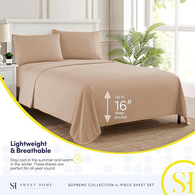 Twin Sheets - Breathable Luxury Sheets with Full Elastic & Secure Corner Straps Built In - 1800 Supreme Collection Extra Soft Deep Pocket Bedding Set, Sheet Set, Twin, Taupe