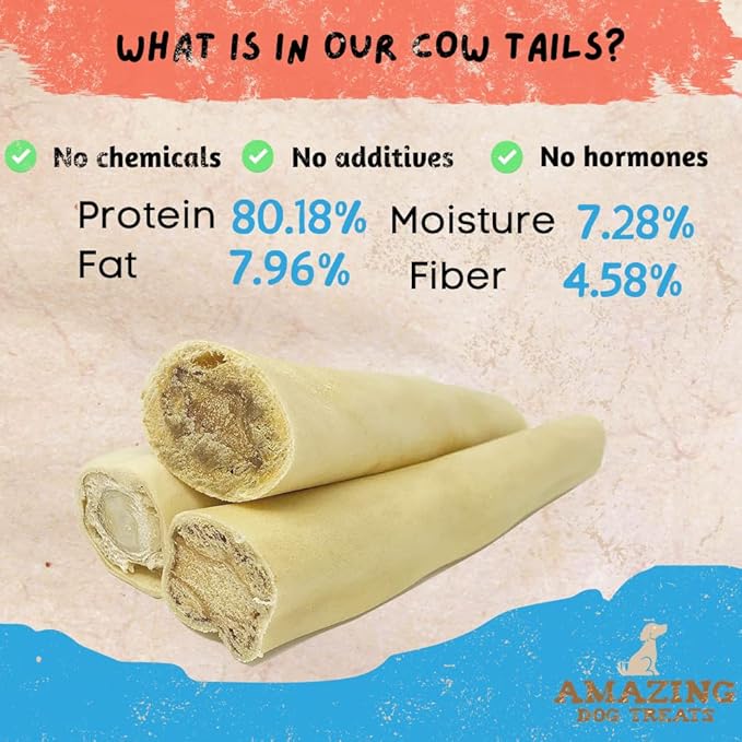 Amazing Dog Treats - Monster Thick Cow Tail Bone 6 Inch (13 oz - 6 to 7 Jumbo Pcs/Pack) - Sourced from Grass Fed Cattle - Sourced from Grass Fed Cattle - Long Lasting Dog Chew - Rawhide Alternative-Mewly Pet