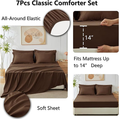 CozyLux Full Size Comforter Sets Brown - 7 Pieces Bed in a Bag Full, Luxury Soft Bed Set for All Seasons, Bedding Set with Down Alternative Comforter, Sheets, Pillowcases & Shams