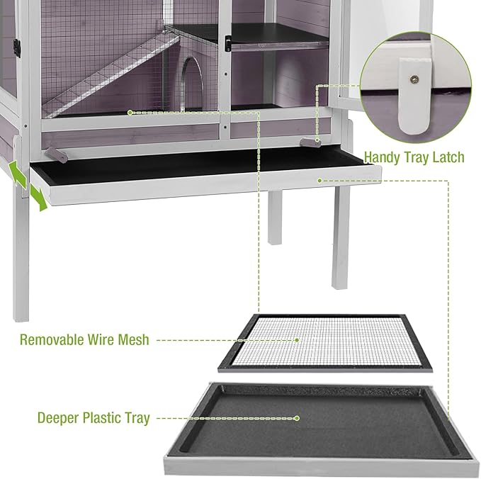 GUTINNEEN Rabbit Hutch Guinea Pig Cages Indoor with Stand Wooden Small Animals Cage Hutch Hamster Cage with Hideout,Pull Out Tray, Anti Chew Ramp (Grey)-Mewly Pet