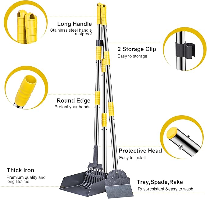 Niubya Pooper Scooper for Dogs, Metal Poop Scooper Tray Spade and Rake Set, Poop Scoop with Adjustable Long Handle, Dog Pooper Scooper for Pet Waste Removal-Mewly Pet