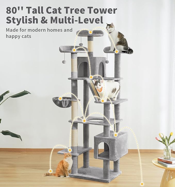 Made4Pets Tall Cat Tree, 80" Cat Tree Tower for Indoor Cats Large Adult, Modern Cat Tower with Scratching Post, Cozy Hammock, 3 Perches and 2 Condos, Sturdy and Fluffy, Light Gray-Mewly Pet