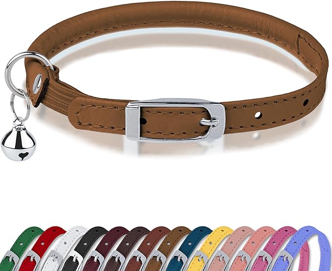 OOPSDOGGY Rolled Leather Cat Collar with Bell, Reflective Kitten Collars with Buckle Include Safety Elastic Strap - Adjustable Small Pet Collars for Boy Girl Cats (Beige)-Mewly Pet