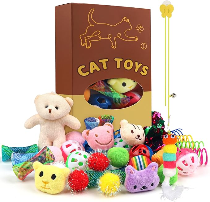 Kitten Toys - 38PCS Cat Play Set, Sparkle Balls, Plush Pom Pom Balls, Hanging Door Toy, Gift Box Styles-Mewly Pet