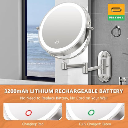 Auxmir 1X/30X Wall Mounted Makeup Mirror with Light, 8" Rechargeable Double-Sided Magnifying Mirror, Vanity Mirror Dimmable 3 Color Light, 360° Extension Rotation Foldable 14.5 Inch Arm, Chrome