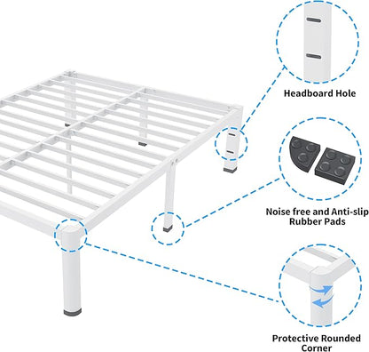 ROIL 14 Inch White Queen Bed Frame with Rounded Corner and Headboard Hole Mattress Retainers 3500LBS Heavy Duty Steel Slats No Box Spring Needed Platform Noise-Free Easy Assembly