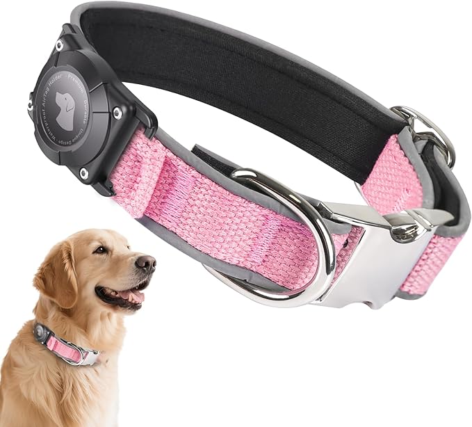 Waterproof Airtag Dog Collar - Nylon Collar with Durable Airtag Holder, Reflective&Anti-Lost with Safety Metal Buckle, Soft Padded Adjustable for Small Medium Large Dogs Pink XL-Mewly Pet