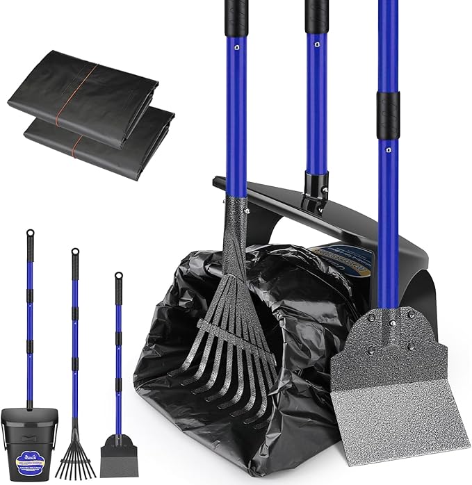 SlowTon Dog Pooper Scooper - 37.4" Long Handle Adjustable Metal Swivel Bin & Rake & Spade Kit with 20 Waste Bags, Portable Pooper Scooper for Gravel Lawn Grass, Suit for Small Medium Large Dog-Mewly Pet