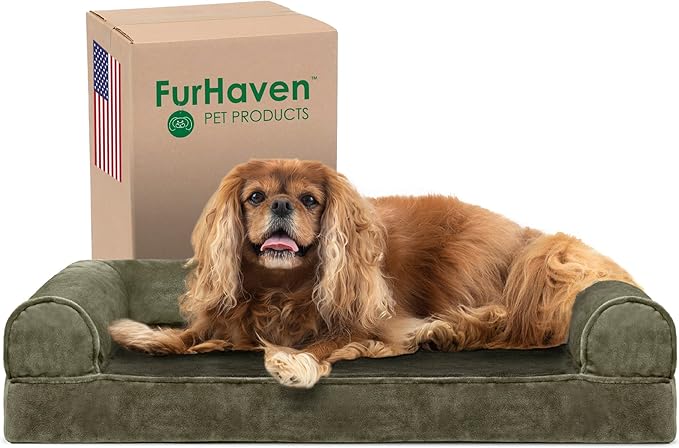 Furhaven Cooling Gel Dog Bed for Medium/Small Dogs w/ Removable Bolsters & Washable Cover, For Dogs Up to 35 lbs - Faux Fur & Velvet Sofa - Dark Sage, Medium-Mewly Pet