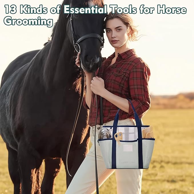 Horse Grooming Kit for Bathing, 13Pcs Horse-Brush Set with Mesh Bag, Shower Brushes, Braiding and Curry Comb, Sweat Scraper, Hoof Pick, Shedding Massaging Tool Supplies for Riders Beginners-Mewly Pet