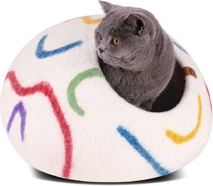 MEOWFIA Cat Cave – Premium Felt Cat Bed for Indoor Cats, Handmade 100% Merino Wool (Medium, Ivory Rainbow)-Mewly Pet