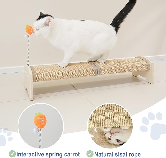 Cat Scratching Post, 30" Horizontal Sisal Scratch Post for Indoor Cats, Durable Cat Furniture Protector with Spring Toy-Mewly Pet
